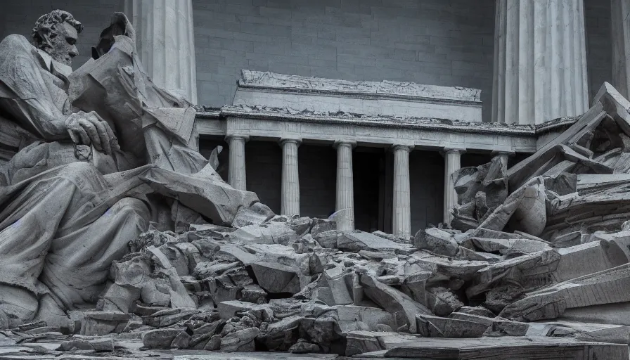 Image similar to destroyed lincoln memorial, hyperdetailed, artstation, cgsociety, 8 k