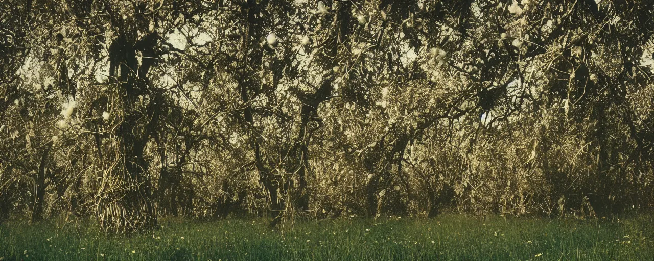 Prompt: wide shot of a meadow of spaghetti growing on trees, canon 5 0 mm, cinematic lighting, photography, retro, film, kodachrome