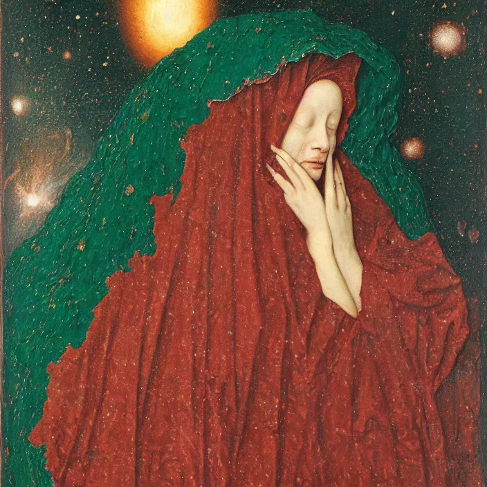 Prompt: a veiled woman made of stone crying in a nebula, by Jan van Eyck