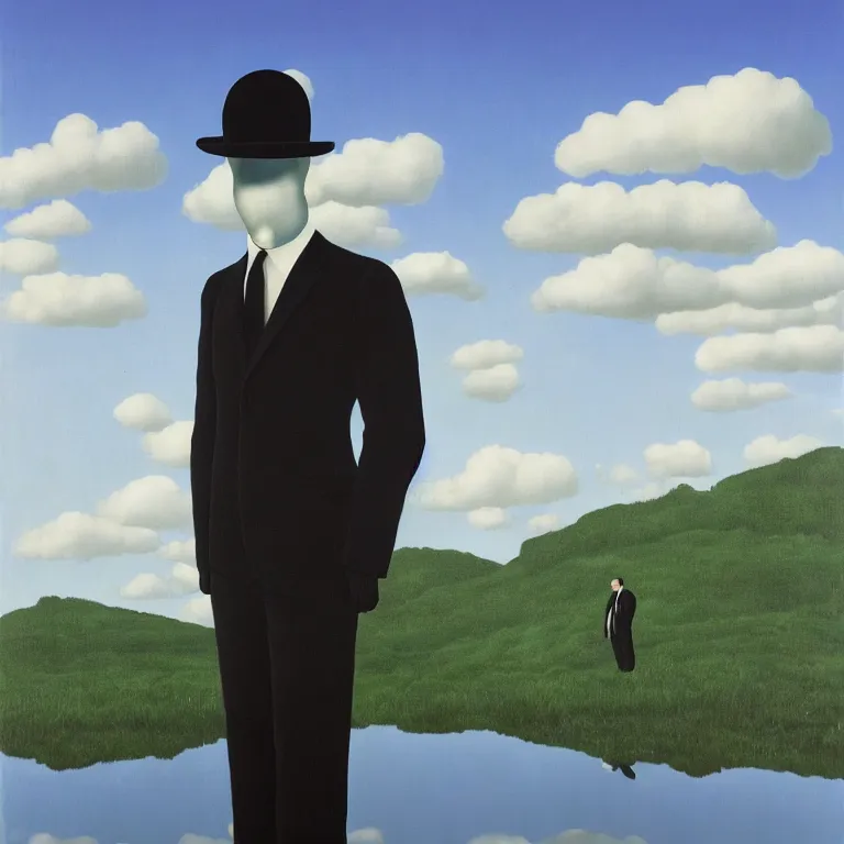 Image similar to portrait of a faceless reflective chrome - head man in a suit and black gloves, clouds and nature landscape in the background, by rene magritte, detailed painting, distance, centered, hd, hq, high resolution, high detail, 4 k, 8 k