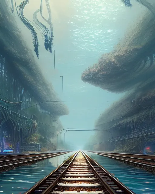 Image similar to train tracks stretching out toward the horzon that are slightly submerged under a wide pool of water, intricate, elegant, highly detailed, digital painting, artstation, concept art, smooth, sharp focus, illustration, art by artgerm and greg rutkowski and fra angelico