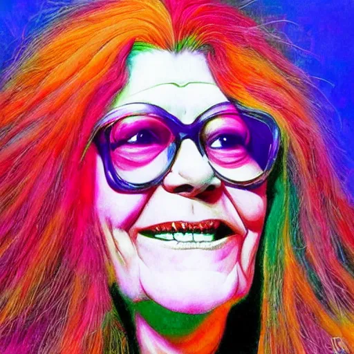 Image similar to portrait of janice joplin in psychedelic colors, painted by pablo amaringo