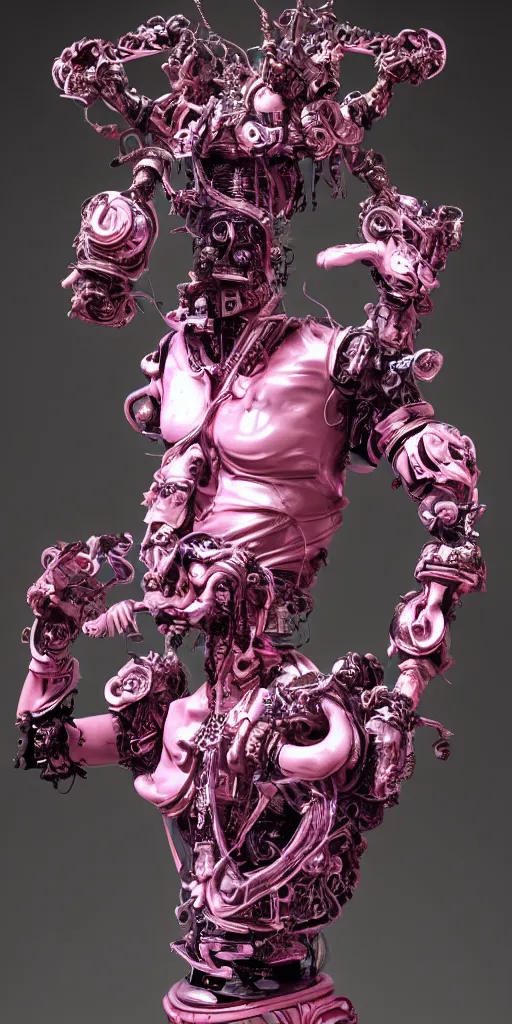 Prompt: full-body baroque and cyberpunk style sculpture of a young seductive Hispanic prince half android with a chest exposing a glowing gemstone battery and a CRT monitor face, glowing pink seductive laser eyes, crown of blue gears and diamonds, swirling salmon-colored silk fabric, robotic raptors dinosaurs. baroque elements. full-length view. intricate artwork by caravaggio. art by Artgerm and Greg Rutkowski and Alphonse Mucha and Tooth Wu and Beeple, Trending on artstation, cinematic industrial lighting, hyper realism, octane render, 8k, depth of field, 3D