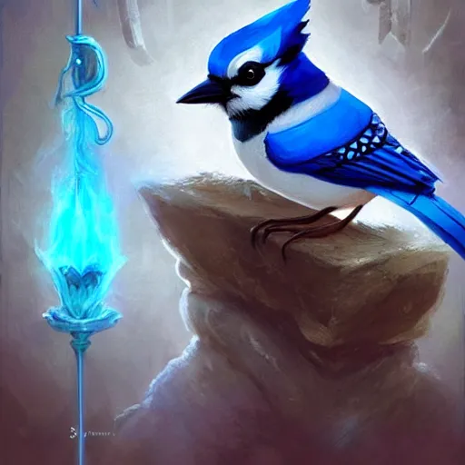 Prompt: cute little anthropomorphic blue jay, wielding a magic staff, tiny, small, short, wizard robe, cute and adorable, pretty, beautiful, dnd character art portrait, matte fantasy painting, deviantart artstation, by jason felix by steve argyle by tyler jacobson by peter mohrbacher, cinema