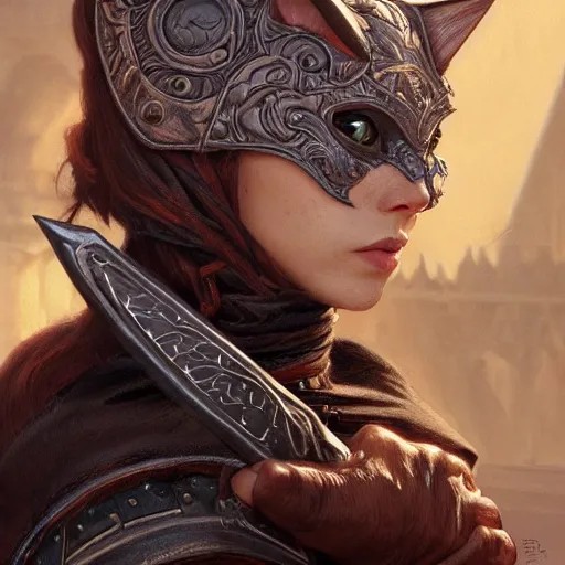 Image similar to cat warrior , leather armor, wand, D&D, insane, intricate, highly detailed, digital painting, artstation, concept art, smooth, sharp focus, illustration, Unreal Engine 5, 8K, art by artgerm and greg rutkowski and alphonse mucha