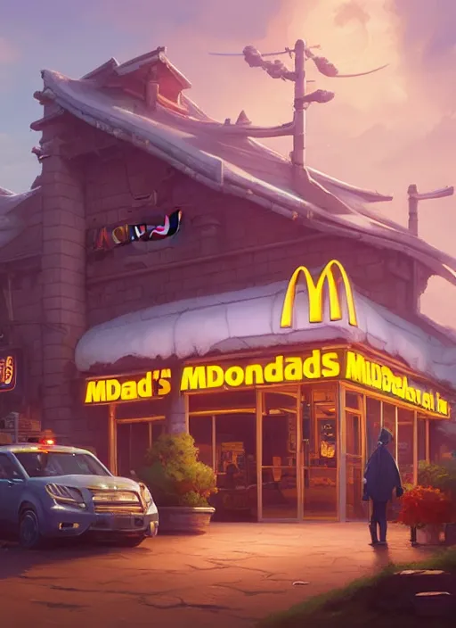 Image similar to Highly detailed McDonalds logo, Stephen Bliss, unreal engine, fantasy art by Greg Rutkowski, Loish, Rhads, Makoto Shinkai and Lois van baarle, ilya kuvshinov, rossdraws, Tom Bagshaw, global illumination, radiant light, detailed and intricate environment