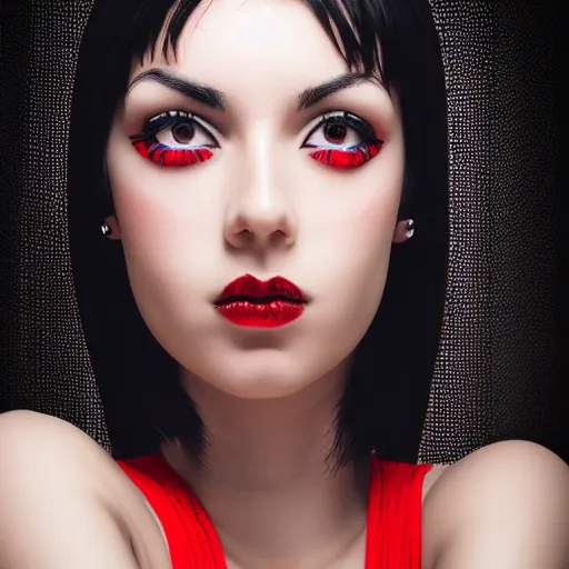 Prompt: egiptian girl with red short red and black hair, portrait, hd, 8k, symmetric, accurate