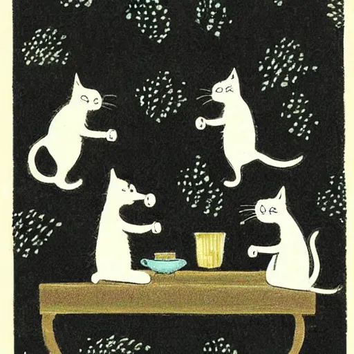 Image similar to cats drinking coffee, amongst raining coffee beans, in the style of Japanese illustration, Maurice Sendak, Tove Jansson