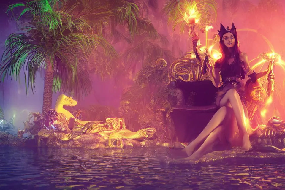 Image similar to a 3 d rendering close - up of a mystical witch beautiful lady sitting on a throne of crocs with a crown of gold golf clubs next to a clear water pool surrounded by palm trees and giant insects, stylized fashion designer elite edgy glossy eyecandy pastel colors, volumetric lighting caustics smoke fog machine, blender c 4 d octane redshift unreal cryengine