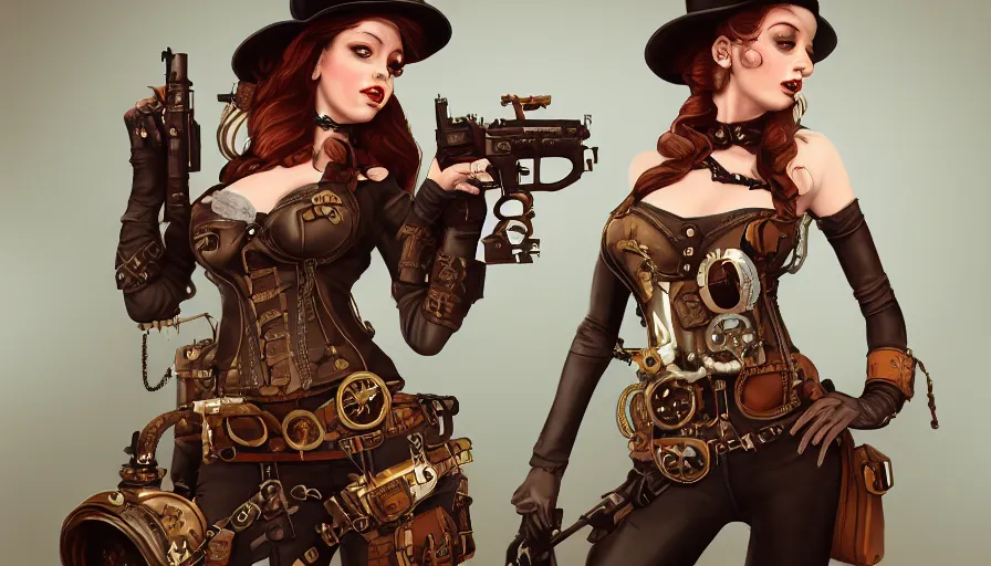 Image similar to steampunk girls with their cats and guns, masterpiece, pinup, highly detailed, digital painting, artstation, concept art, smooth, sharp focus, illustration, Unreal Engine 5, 8K