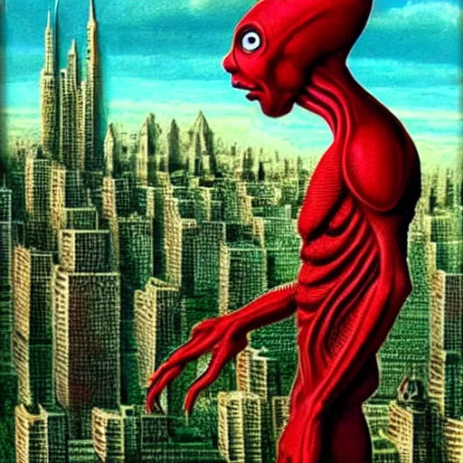 Image similar to A beautiful illustration of a strange, red alien creature looming over a green cityscape. The alien has several eyes and one mouth and its body is covered in scales. It seems to be coming towards the viewer, who is looking up at it in fear. By Max Ernst and Maciej Rebisz