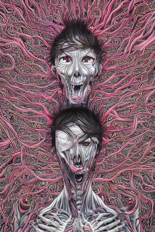 Prompt: Body breaking apart, Conjuring Psychedelic Illustration by Shintaro Kago, ultra realistic, highly detailed, beautiful detailed intricate insanely detailed octane render trending on Artstation, symmetrical, grotesque, 8K artistic photography,