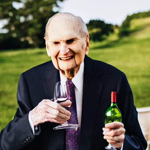 Prompt: photo of Russell M Nelson in a suit having a drink of wine, pr photo shoot, pristine and clean, 85mm lens,