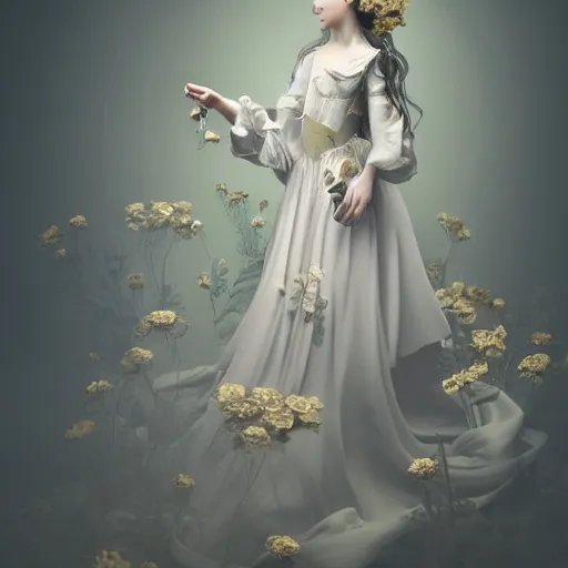 Image similar to 8k, octane render, realism, tonalism, renaissance, rococo, baroque, portrait of a young lady wearing long white and pale grey manga dress with flowers and skulls, background chaotic gold leaf flowers