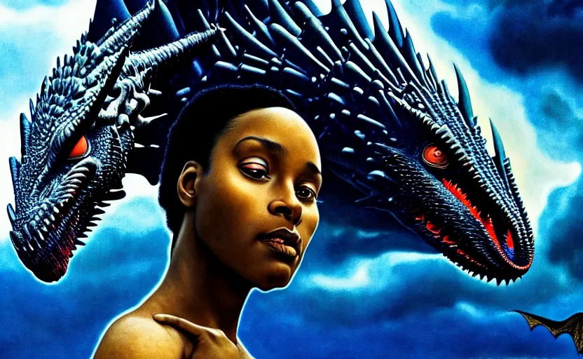 Image similar to realistic detailed photorealistic film close up portrait shot of a beautiful black woman with, sci-fi landscape with a drogon on background by Denis Villeneuve, Amano, Yves Tanguy, Alphonse Mucha, Ernst Haeckel, Andrei Tarkovsky, Edward Robert Hughes, Roger Dean, rich moody colours, wide angle, blue eyes