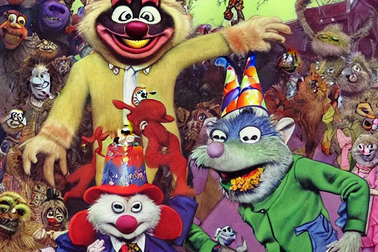 Prompt: a hyperrealist watercolour character concept art portrait of chuck e. cheese and showbiz pizza place. birthday party apocalypse. by rebecca guay, michael kaluta, charles vess and jean moebius giraud