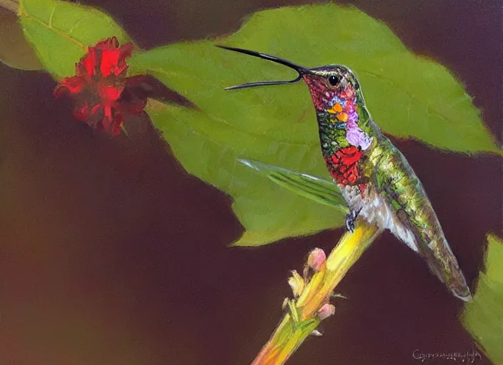 Prompt: “ a highly detailed beautiful portrait of a killer hummingbird, by gregory manchess, james gurney, james jean ”