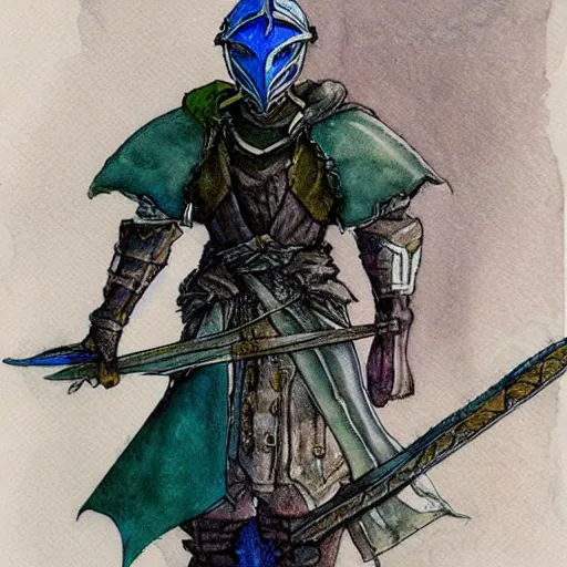 Prompt: watercolor, final fantasy tactics character, wearing plate armor, wearing helmet, faceless, shrouded, artwork by harry clarke