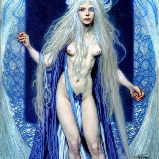 Prompt: half - length portrait of a female lightning genasi with blue skin and white hair made of sirrus clouds, full white robes, medieval, fantasy, d & d, luis royo, klimt, alphonse mucha