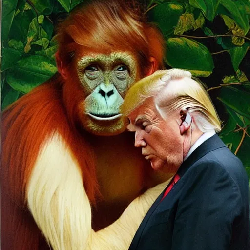 Prompt: donald trump getting his hair sniffed by an orangutan, norman rockwell