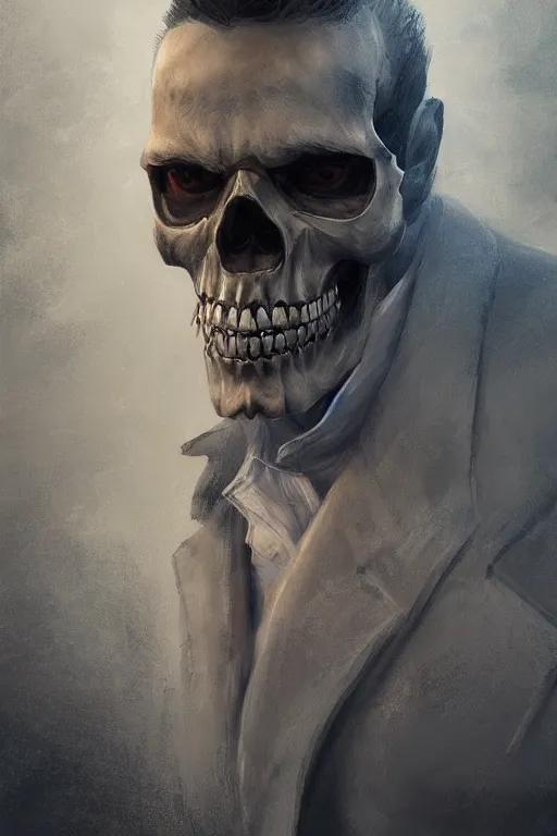 Image similar to concept art skull gentleman, close - up portrait, powerfull, intricate, elegant, volumetric lighting, scenery, digital painting, highly detailed, artstation, sharp focus, illustration, concept art, ruan jia, steve mccurry