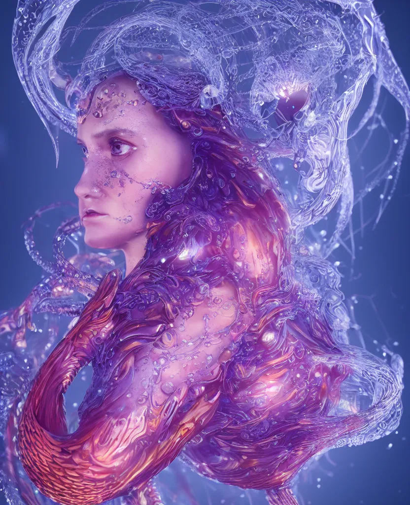 Image similar to close-up macro portrait of the face of a beautiful princess, epic angle and pose, symmetrical artwork, 3d with depth of field, blurred background, cybernetic jellyfish female face skull phoenix bird, translucent, nautilus, energy flows of water and fire. a highly detailed epic cinematic concept art CG render. made in Maya, Blender and Photoshop, octane render, excellent composition, cinematic dystopian brutalist atmosphere, dynamic dramatic cinematic lighting, aesthetic, very inspirational, arthouse. y Greg Rutkowski, Ilya Kuvshinov, WLOP, Stanley Artgerm Lau, Ruan Jia and Fenghua Zhong