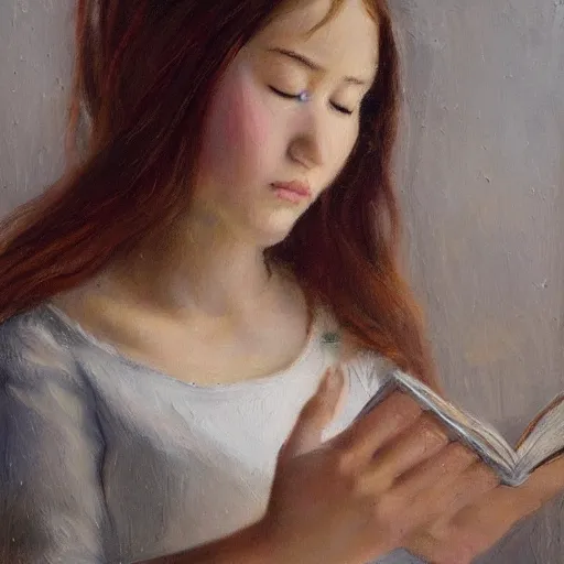 Image similar to a girl reading a book, her hair flowing down, subtle, intricate details, real masterpiece, oil on canvas, by li zangh