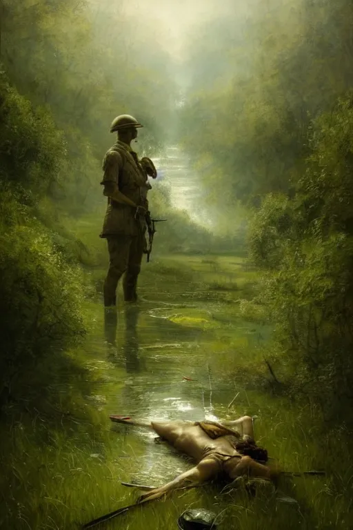 Prompt: breathtaking detailed soft painting of silver sun river in a green clearing, a young soldier laying down with blood holes in his side, light raining on gladioli and watercress, rembrandt style, elegant, highly detailed, artstation, concept art, matte, sharp focus, art by tom bagshaw, and greg rutkowski