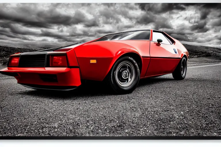 Prompt: stylized poster of a single 1974 AMC AMX/3, (Sony a7R IV, symmetric balance, polarizing filter, Photolab, Lightroom, 4K, Dolby Vision, Photography Award)