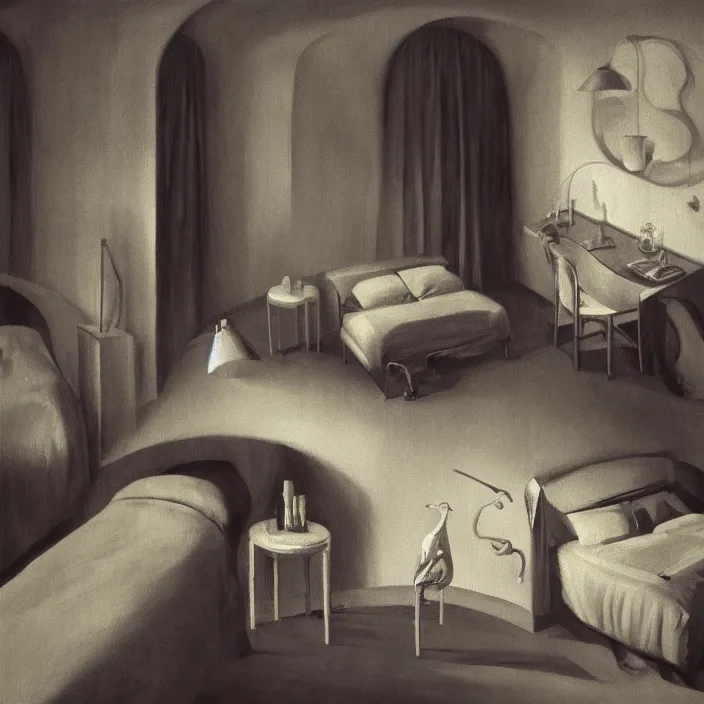 Image similar to close - up of the faces of a group of creatures with distinct personalities, in an urban hotel room, : : surreal architecture, chiaroscuro lighting, mysterious atmosphere : : oil painting by leonora carrington and edward hopper, ultra - detailed technical precision : : matte painting, high definition, octane render, unreal engine, 8 k