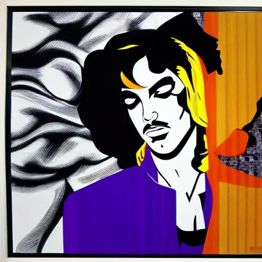 Prompt: Wall mural portrait of Prince, urban art, pop art, artgerm, by Roy Lichtenstein