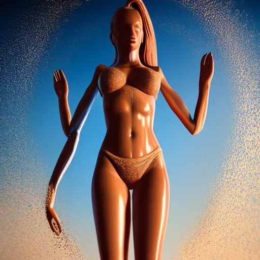 Image similar to full body pose, hyperrealistic photograph of a beautiful beach volleyball woman, dim volumetric lighting, 8 k, octane beautifully detailed render, extremely hyper detailed, intricate, epic composition, cinematic lighting, masterpiece, trending on artstation, very very detailed, stunning, hdr, smooth, sharp focus, high resolution, award, winning photo,