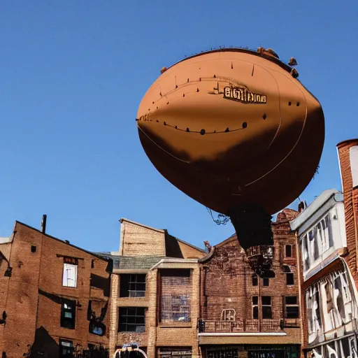 Image similar to a brown blimp flying in a steampunk city