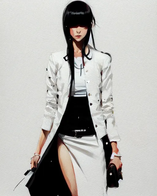 Image similar to a ultradetailed painting of a stylish woman wearing a white jacket with black skirt, by conrad roset, greg rutkowski and makoto shinkai trending on artstation