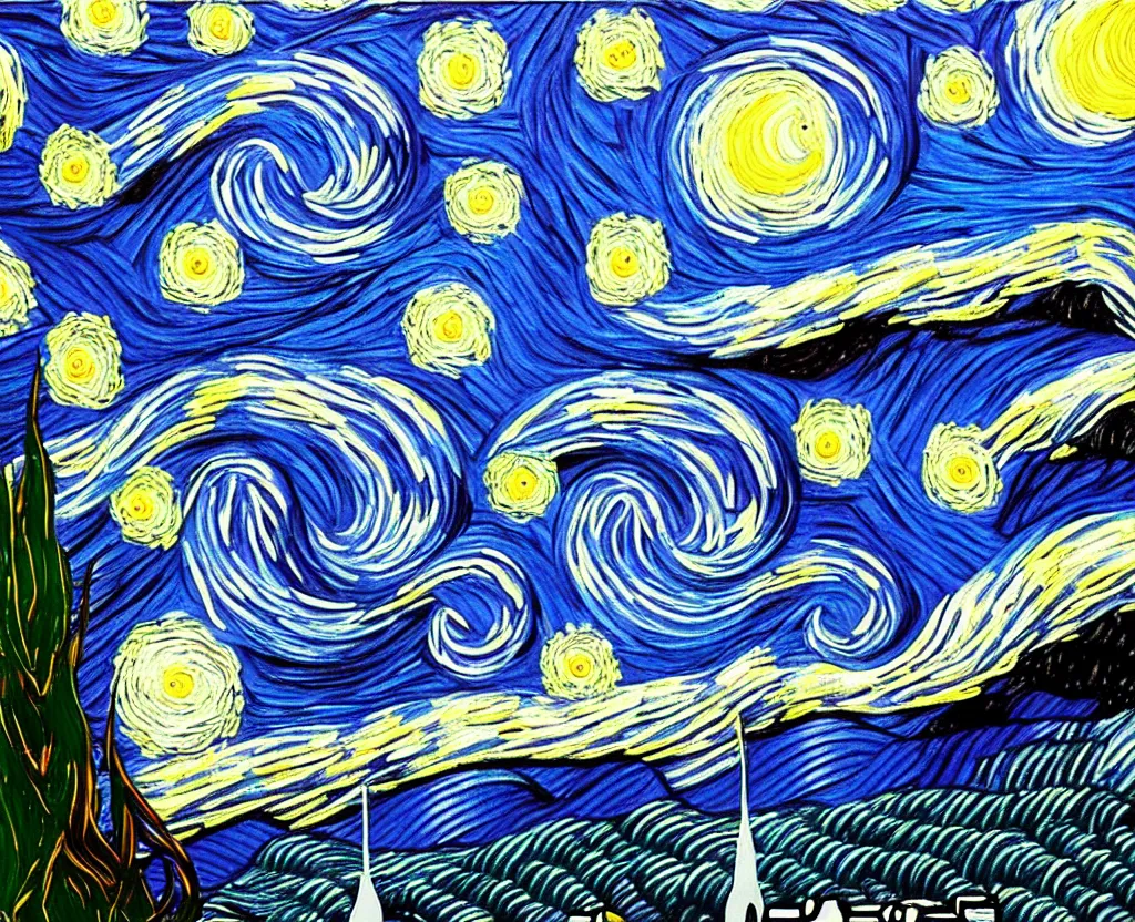 Prompt: Starry Night painting but much better, digital art, intricately detailed