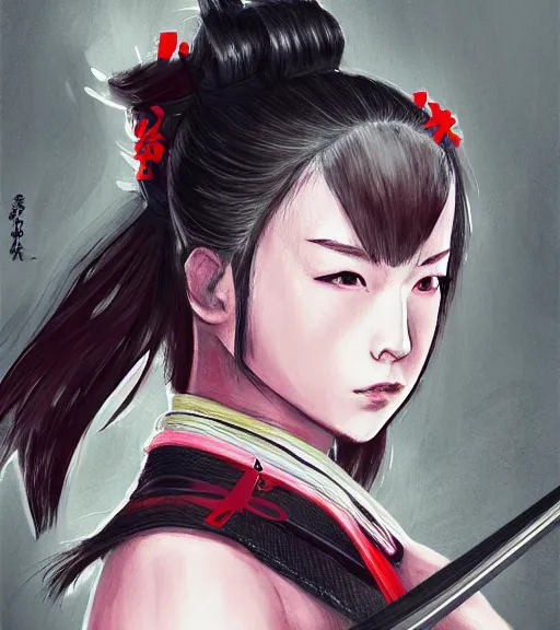 Image similar to a girl holding a katana, samurai outfit, japanese clothes, ponytail, action shot, highly detailed, digital painting, artstation, concept art, smooth, sharp focus, kunoichi, illustration