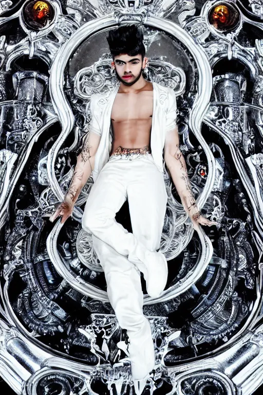 Prompt: full-body rococo and cyberpunk style neon statue of a muscular attractive Zayn Malik macho dotado e rico android sim roupa reclining con las piernas abertas e la piroca dura, glowing white lasers, glowing eyes, silver prince crown, silver steampunk gears, white diamonds, swirling mint-colored silk fabric. futuristic elements. ethereal white dripping tar. full-length view. space robots. human skulls. intricate artwork by caravaggio. Trending on artstation, octane render, cinematic lighting from the right, hyper realism, octane render, 8k, depth of field, 3D