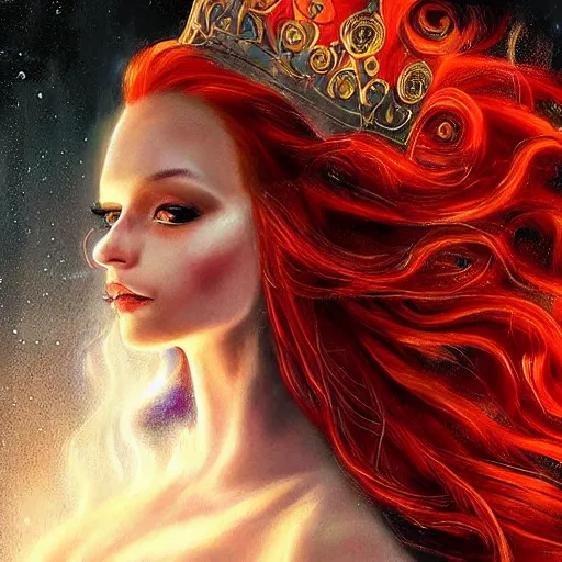 Prompt: Fantastic, fairytale, portrait, painting, beautiful!, female mage, long flowing red hair, light emitting from fingertips, ornate gown, smoldering, serious, royalty kingdom, royal court