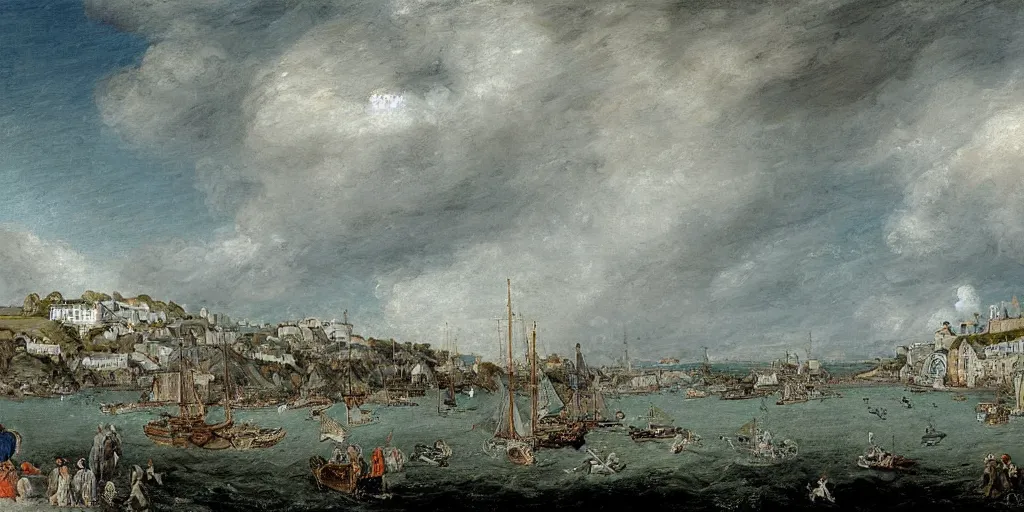 Prompt: a painting of the harbour at St Peter Port, Guernsey, small houses, boats, sea, stormy clouds, by François Boucher, by Antoine Watteau