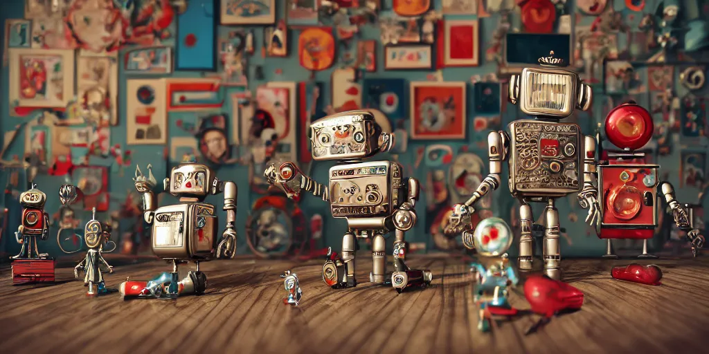 Image similar to closeup portrait of tin toy retro living room of robot family, depth of field, zeiss lens, detailed, centered, fashion photoshoot, by nicoletta ceccoli, mark ryden, lostfish, breathtaking, 8 k resolution, extremely detailed, beautiful, establishing shot, artistic, hyperrealistic, octane render, - h 8 0 4