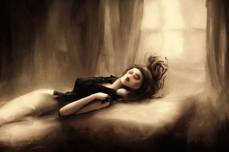 Prompt: a vintage film of a beautiful gothic girl lying on the coach, dark art, scary lighting, stunning scene, highly detailed, concept art, trending on artstation