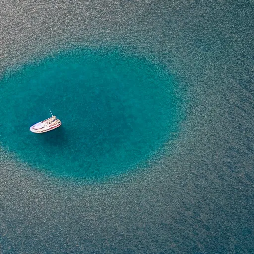 Prompt: aerial view of a lone boat in the middle of the ocean. 35mm. tilt shift. 8k. high resolution photo. detailed. sharp W-1024 H-1024