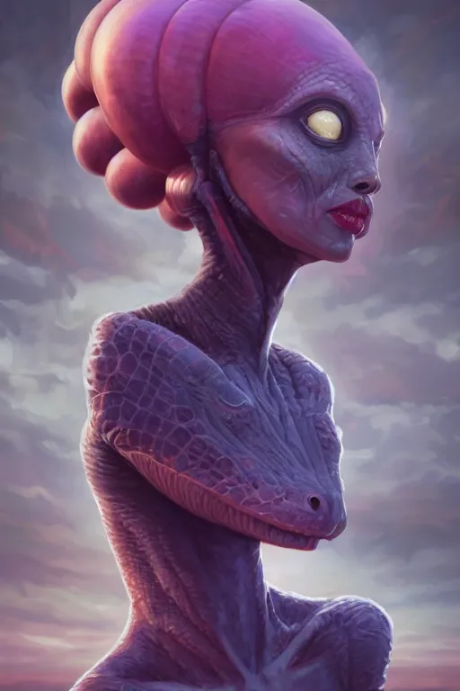 Image similar to digital portrait of an eloquent alien crocodile queen, straight on, full body character concept art, concept art, by artgerm, tom bagshaw, gerald brom, vaporwave colors, lo fi colors, vaporwave, lo fi, 4 k, hd, rendered with substance designer, small details,