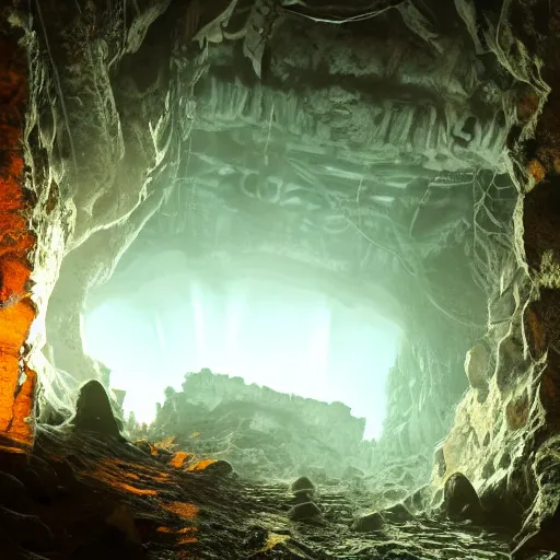 Image similar to deep underground cthulhu dungeon cave with large lovecraft style structures, light falling through cracks in the ceiling, cinematic, hdr, 4k, hyper realistic, render, cold light, high detail