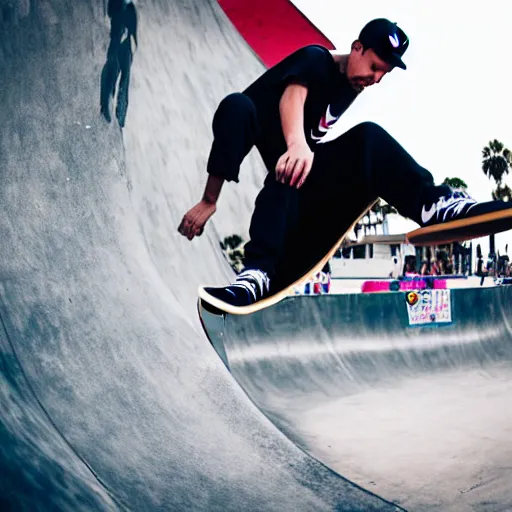 Image similar to skater wearing nike sb dunks doing a kickflip at the venice beach skatepark