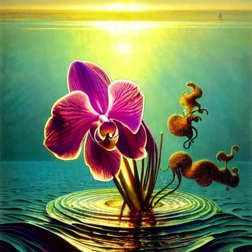 Image similar to detailed giant orchid flower surrounded by ocean wave, lsd water, ripples, transparent droplets, refracted backlit sunset, refracted lighting, art by collier, albert aublet, krenz cushart, artem demura, alphonse mucha