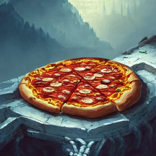 Image similar to ultra realistic illustration of pizza giant, intricate, fantasy italy, epic landscape, highly detailed, digital painting, artstation, concept art, smooth, sharp focus, beautiful, art by tim mcburnie and conar cross and anato finnstark