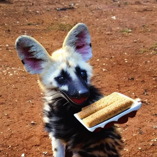 Prompt: a fluffy african wild / painted dog pup happily eating and licking his graham crackers ( that i just tossed him ) : a good boy