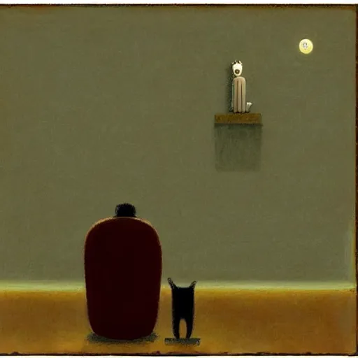 Prompt: a lonely man and a cat, by shaun tan