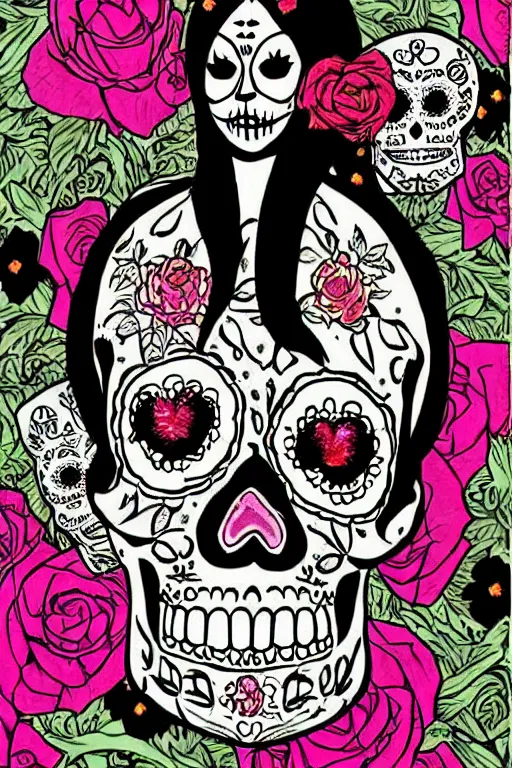 Image similar to Illustration of a sugar skull day of the dead girl, art by junji ito